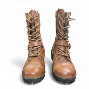 BAMBOO Tan Leather Lace-Up Combat Boots With 2” Hell 6/36 , Good Condition